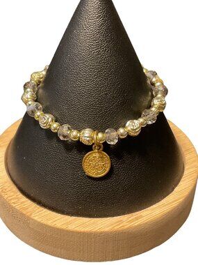 Silver Beaded Bracelet With Gold-Tone Saint Charms & Sparkling Beads
